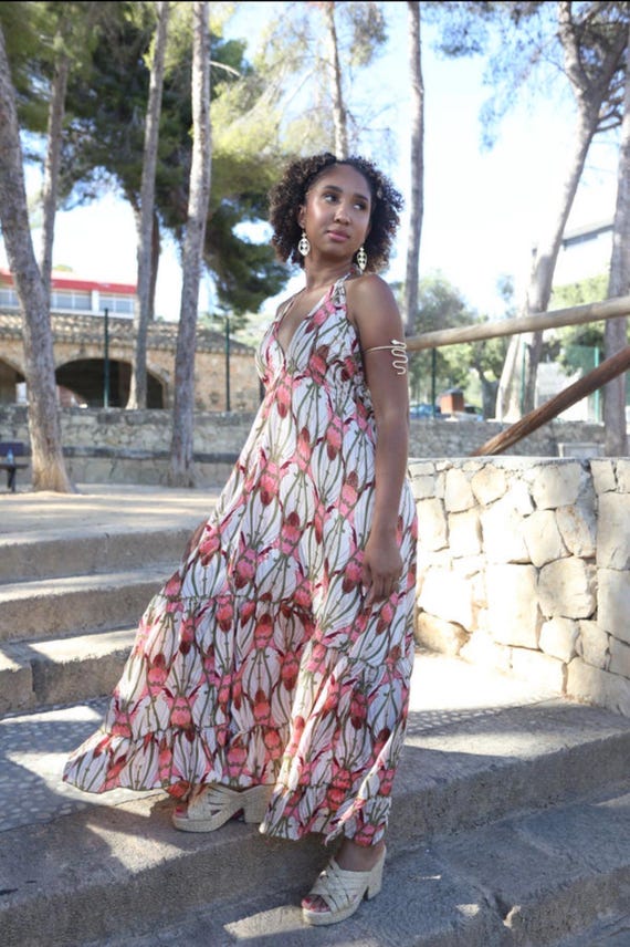 halter style summer dresses Pink Floral Silk Maxi Dress | Dress | Luxury Resort Dress birthday dress ideas