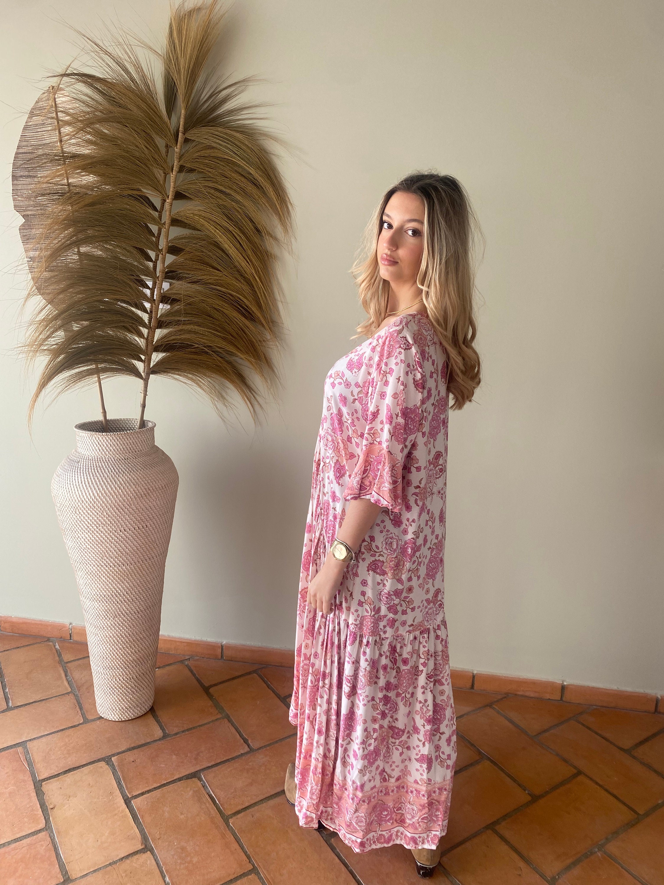 boho pink white dress Tawny Flower Maxi Dress