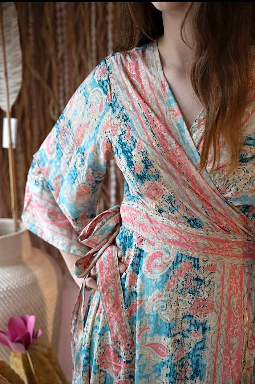 pink and green paisley dress Olive green slit silk dress with belt main image 1