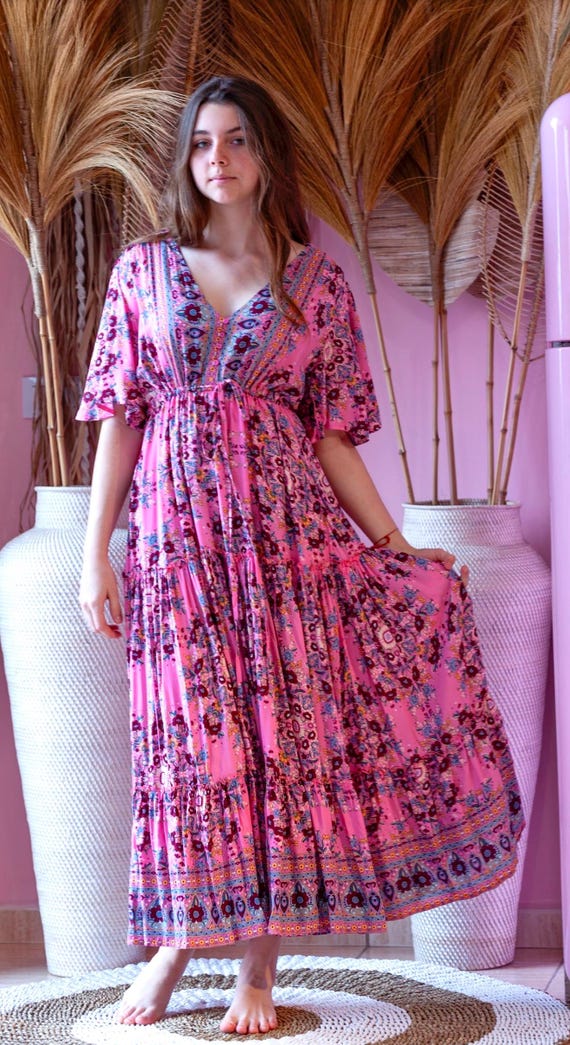 Long Hippie Dress With Flared Pink Floral Bohemian Summer