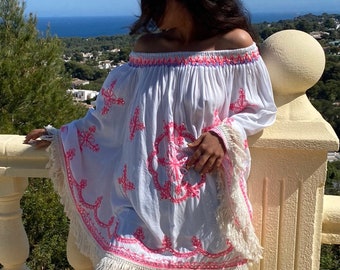 Good boho short dress. Embroidery boho dress. Fringed boho dress. Boho poncho. He struck out. Pink dress. White dress.