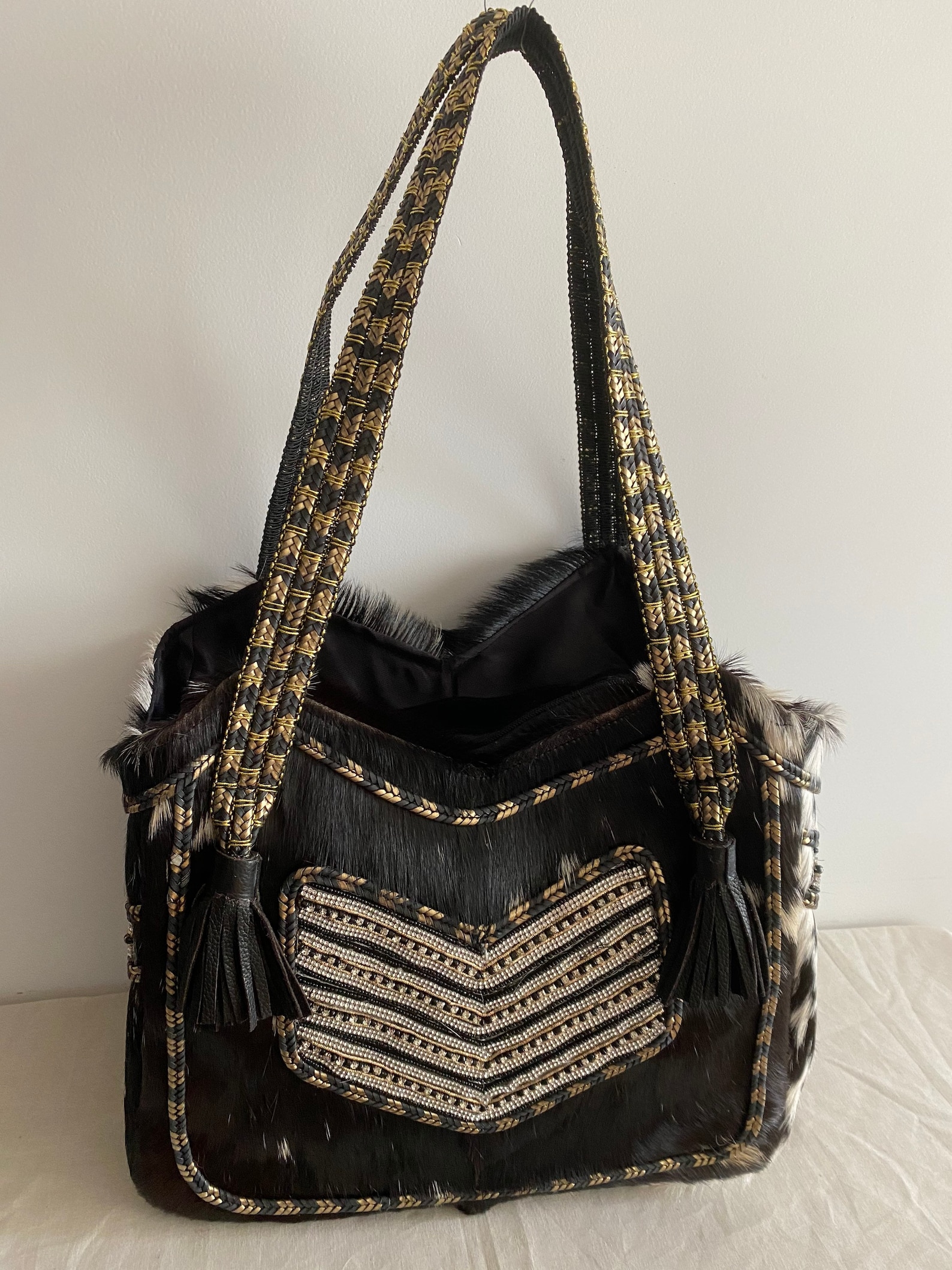 Boho Bag in Black and White Leather With Embroidery. Black and Etsy UK