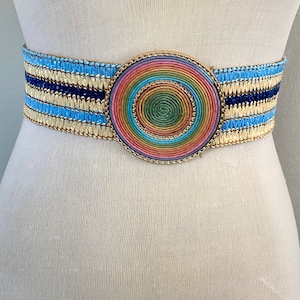 Boho raffia belt with round buckle.  Blue raffia belt.  Brown raffia belt.  Brown raffia belt.  Black raffia belt.  Summer raffia belt.