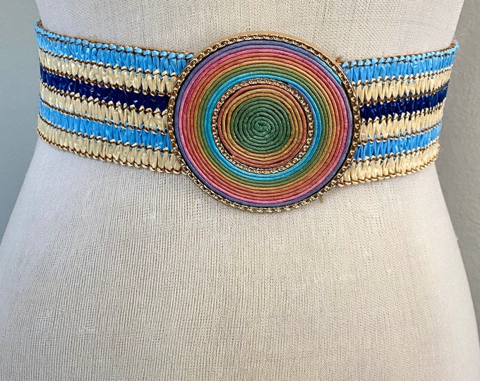 Boho Raffia Belt With Round Buckle. Blue Raffia Belt. Brown Raffia Belt ...