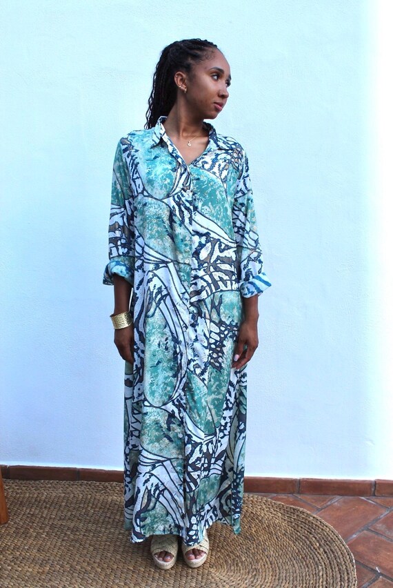 Women's Long Boho Shirt Dress, Summer Dress With Aqua Print, Elegant Button-down Dress, One Size Fits All, Long Sleeves