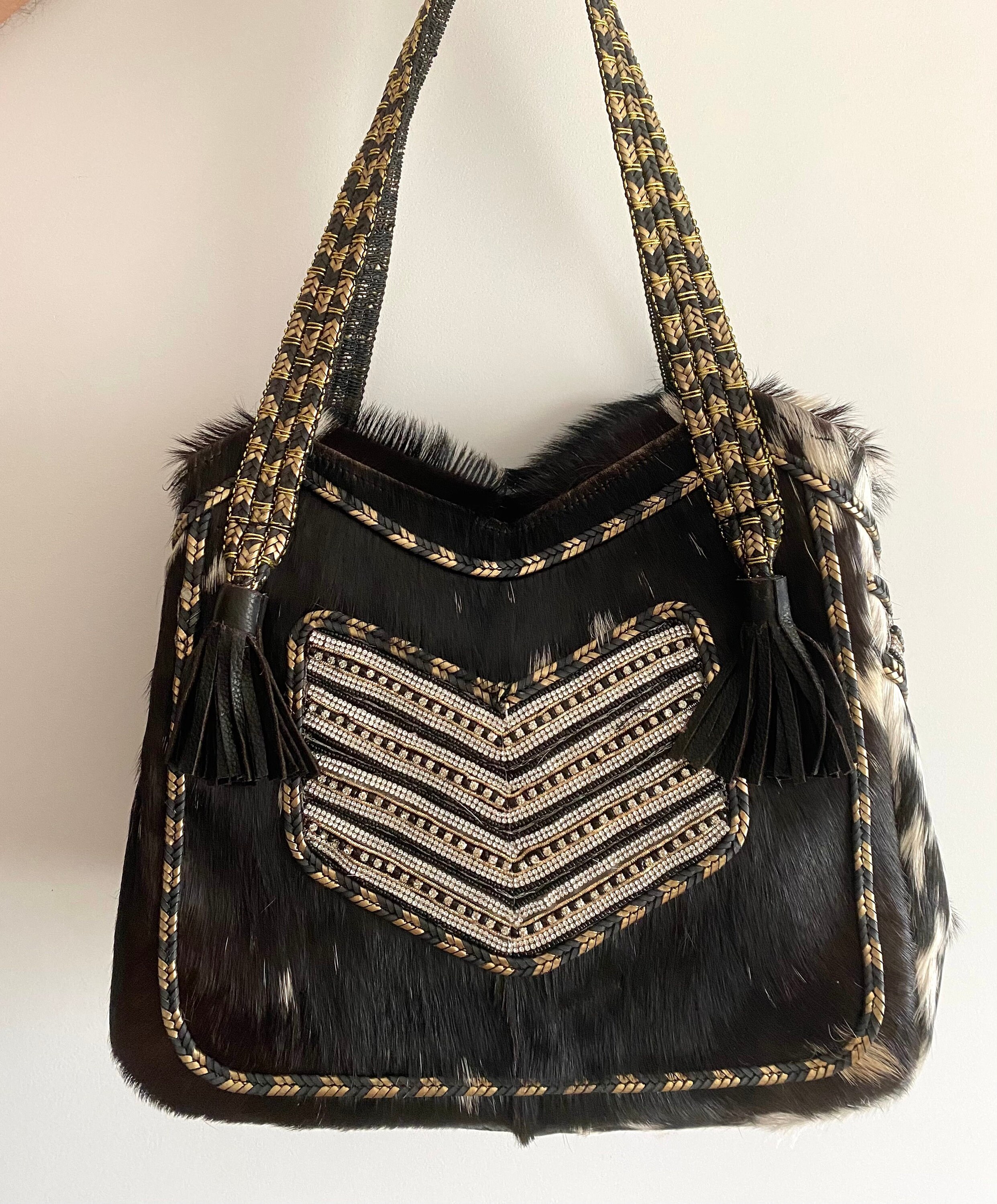 Boho Bag in Black and White Leather With Embroidery. Black and Etsy UK