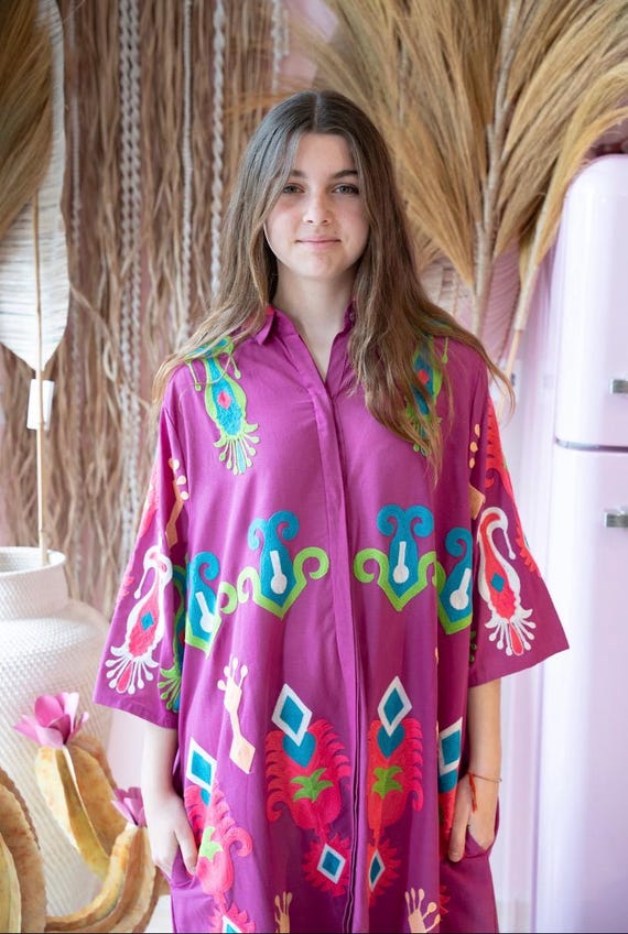 Violet Bohemian Midi Dress With Three-quarter Sleeves and Beautiful Ikat  Embroidery in Bright Colors. Boho Dress. Mexican Dress. Cotton Dres - Etsy
