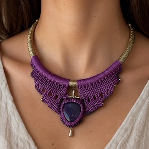Purple Lapis Lazuli and Macrame Necklace | Engraved Brass Boho Choker | Handmade Ethnic Jewelry