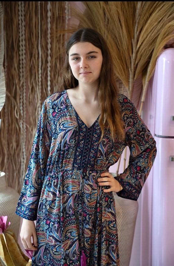 Caftan. Boho Caftan. Silk Caftan .Dark Blue Caftan .Paisley Caftan .Maxi Caftan . Bohemian Dress .Boho Outfit .Summer Dress . Gift for Her