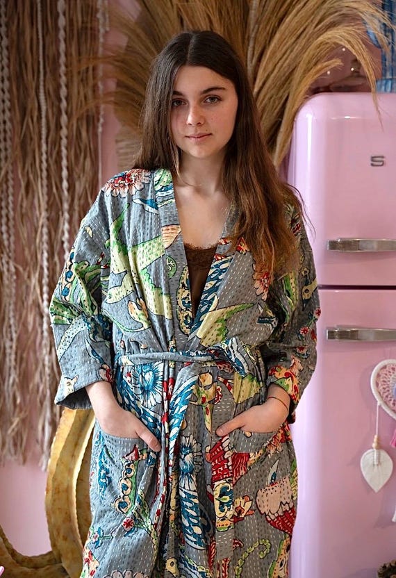 Accappatoio in stile kimono in cotone biologico, grigio con vivaci