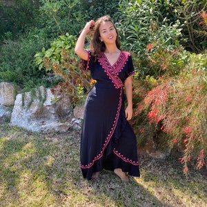 Embroidery black and pink boho dress. Maxi dress. Bohemian dress. Short sleeved dress.