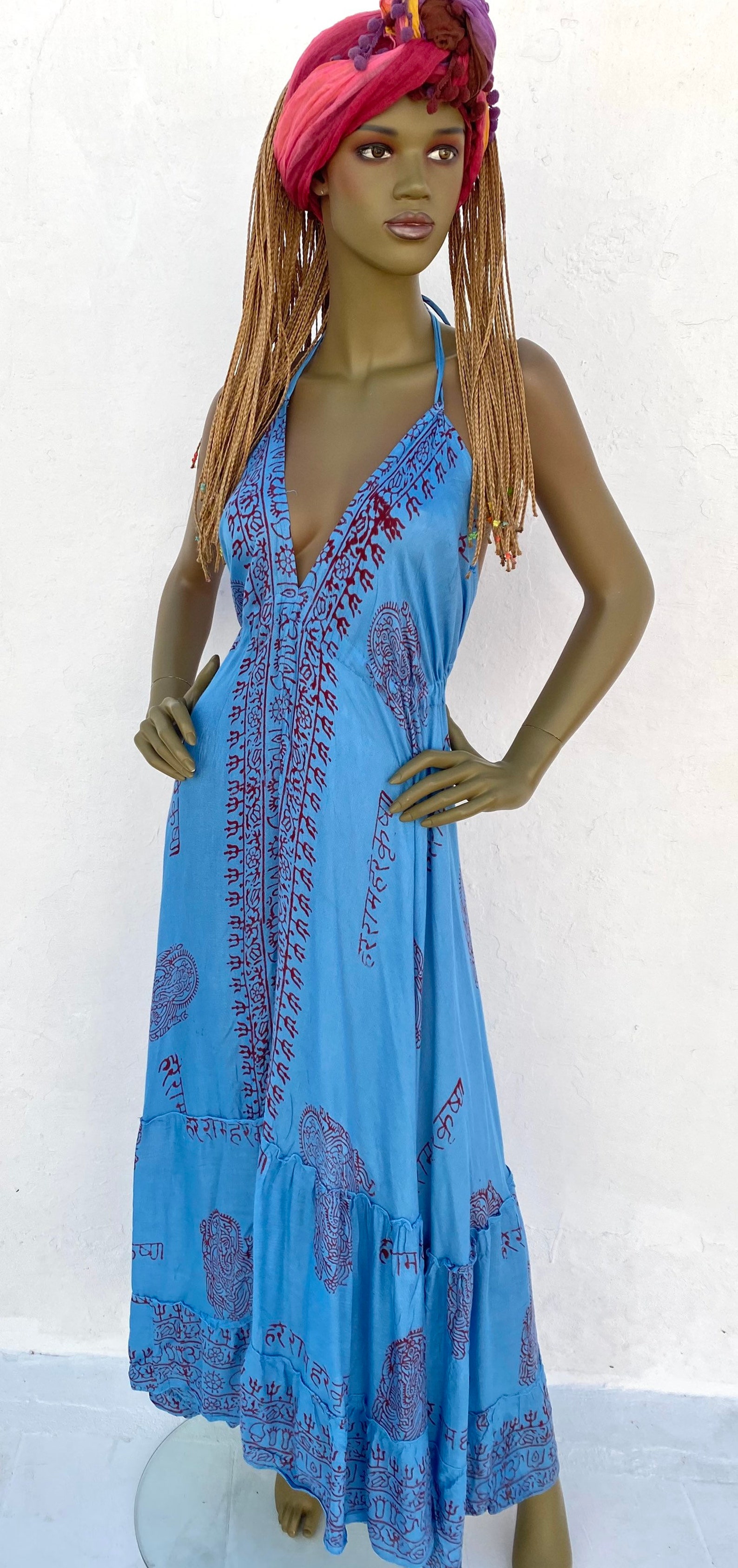 Long blue boho dress with strap and Vneck. gypsy strap dress Etsy