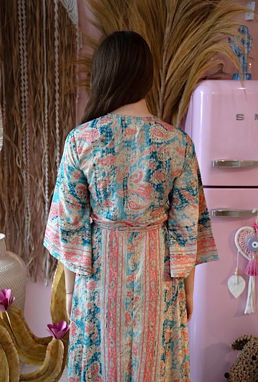 Green and pink paisley print silk wrap dress with gold accents, V-neck, and cape sleeves. Long bohemian dress. Gifts for her. summer dress