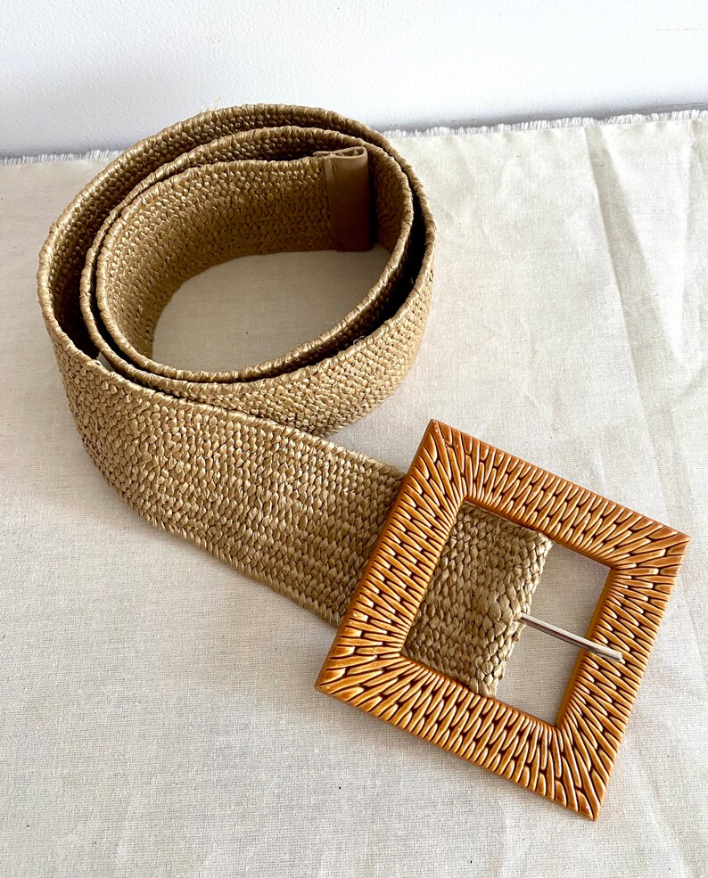 Natural raffia belt for women.boho square buckle belt.raffia Etsy
