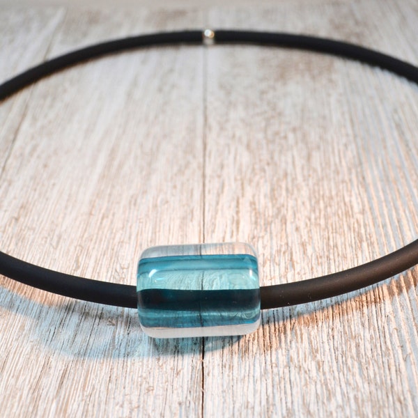 Black Choker Necklace with Chunky Bead, Modern Necklace with Large Aqua Blue Bead Minimalist Necklace Casual Every Day Necklace Teal Choker