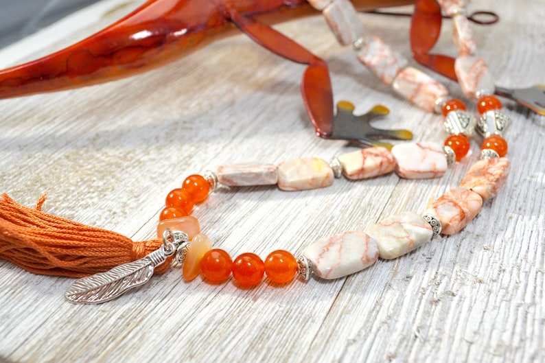 Statement Necklace Burnt Orange Mixed Gemstone Necklace Yoga Inspired Long Boho Necklace with Tassel Mother/'s Day Gift for Bohemian Mom