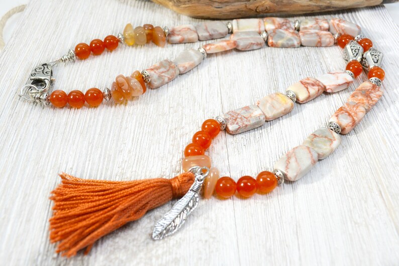 Statement Necklace Burnt Orange Mixed Gemstone Necklace Yoga Inspired Long Boho Necklace with Tassel Mother/'s Day Gift for Bohemian Mom