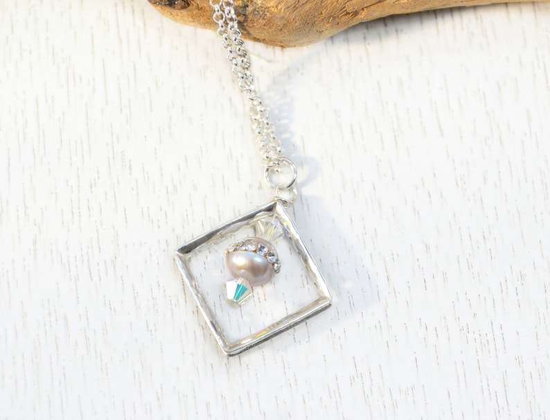 Square Pendant Necklace Sterling Silver Dainty Freshwater Pearl Necklace Bridesmaids Gift June Birthstone Anniversary Gift for Wife