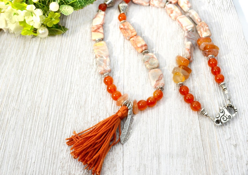 Statement Necklace Burnt Orange Mixed Gemstone Necklace Yoga Inspired Long Boho Necklace with Tassel Mother/'s Day Gift for Bohemian Mom