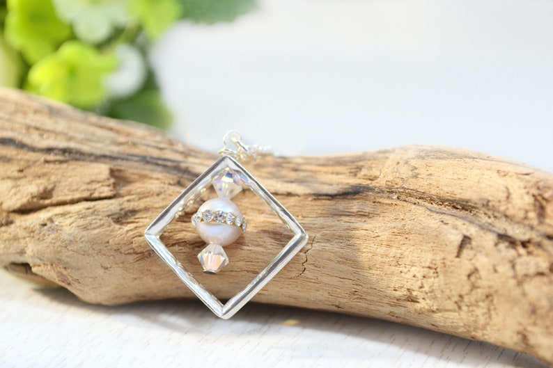 Square Pendant Necklace Sterling Silver Dainty Freshwater Pearl Necklace Bridesmaids Gift June Birthstone Anniversary Gift for Wife