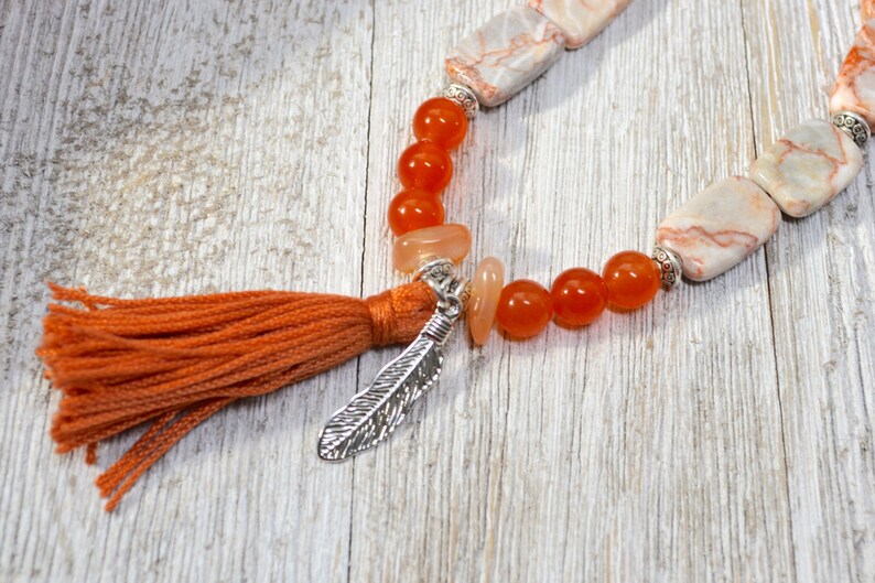 Statement Necklace Burnt Orange Mixed Gemstone Necklace Yoga Inspired Long Boho Necklace with Tassel Mother/'s Day Gift for Bohemian Mom