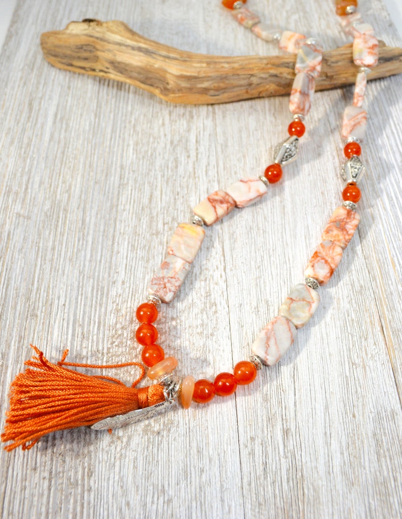 Statement Necklace Burnt Orange Mixed Gemstone Necklace Yoga Inspired Long Boho Necklace with Tassel Mother/'s Day Gift for Bohemian Mom