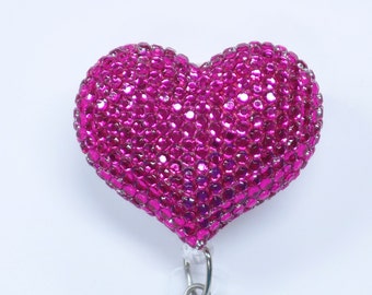 Fully Blinged Hot Pink Heart - Rhinestone Retractable Badge Reel - Badge Holders - Designer ID Reel - Nurse Gifts - Pretty Name Badge Clips