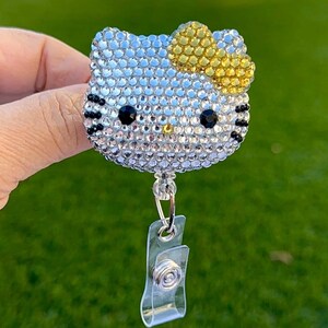 Yellow - Fully Blinged Kawaii HK Kitty Cat - Retractable ID Badge Reel - Badge Holders -  Nurse Gifts - Coworker Gift Idea