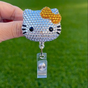 Gold Bow - Fully Blinged Kawaii HK Kitty Cat - Retractable ID Badge Reel - Badge Holders -  Nurse Gifts - Coworker Gift Idea