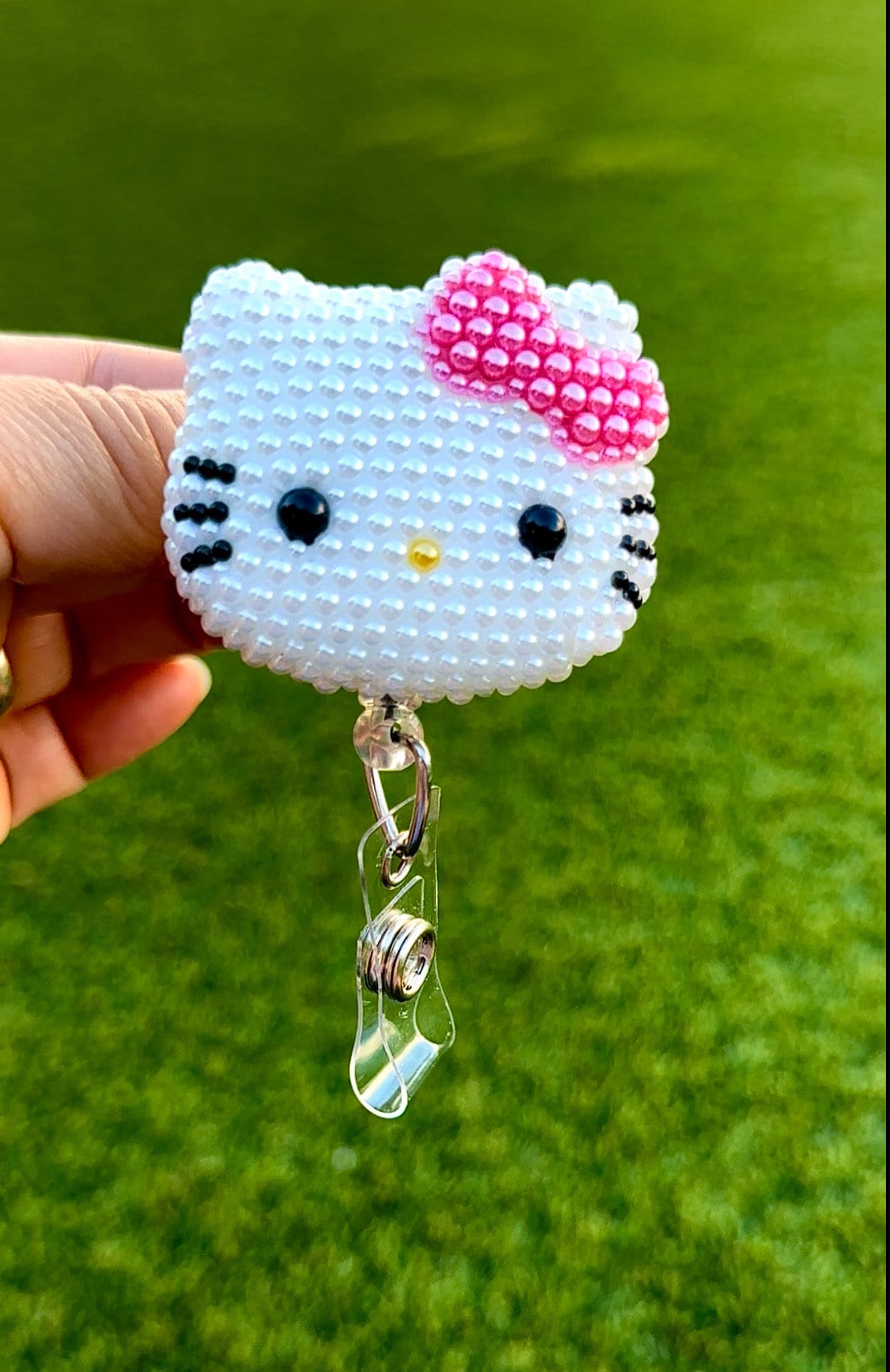Fully Pearl Blinged Hot Pink Bow HK Kitty Cat - Retractable Badge Reel - Badge Holders - ID Reel - Nurse Gifts - Coworker Gift Idea