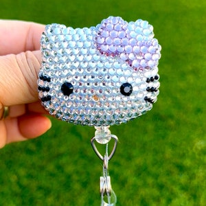 Fully Blinged Kawaii Lavender Bow HK Kitty Cat - Retractable Badge Reel - Badge Holders - ID Reel - Nurse Gifts - Coworker Gift Idea