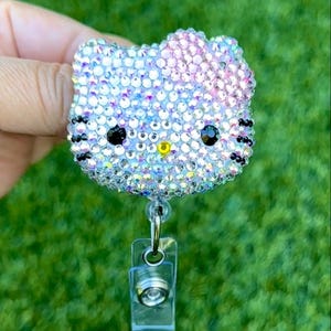 Fully Bling AB Sparkly Pink Bow Kawaii HK Kitty Cat - Retractable Badge Reel  - ID Badge Holder Doctor nurse teacher coworker Gift Idea