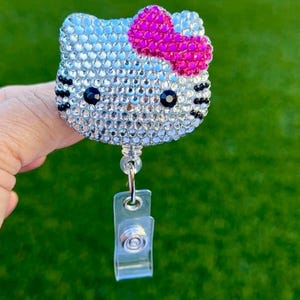 Fuchsias - Fully Blinged Kawaii HK Kitty Cat - Retractable ID Badge Reel - Badge Holders -  Nurse Gifts - Coworker Gift Idea