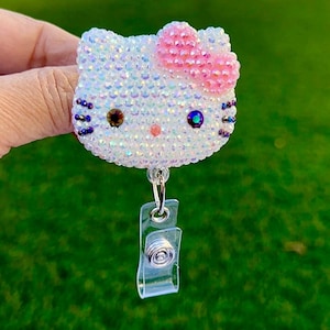 Pink Bow - Fully Blinged Kawaii HK Kitty Cat - Retractable ID Badge Reel - Badge Holders -  Nurse Gifts - Coworker Gift Idea