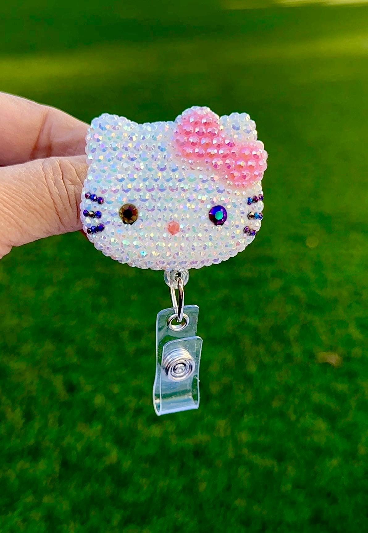 Pink Bow - Fully Blinged Kawaii HK Kitty Cat - Retractable ID Badge Reel - Badge Holders -  Nurse Gifts - Coworker Gift Idea