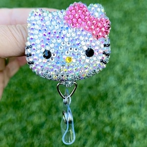 Fully Bling AB Sparkly Hot Pink Bow Kawaii HK Kitty Cat - Retractable Badge Reel  - ID Badge Holder Doctor nurse teacher coworker Gift Idea