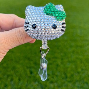 Green - Fully Blinged Kawaii HK Kitty Cat - Retractable ID Badge Reel - Badge Holders -  Nurse Gifts - Coworker Gift Idea