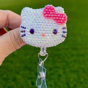 Hot Pink Bow - Fully Blinged AB Stones Kawaii HK Kitty Cat - Retractable ID Badge Reel - Badge Holders -  Nurse Gifts - Coworker Gift Idea