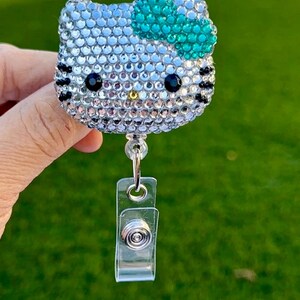 Teal - Fully Blinged Kawaii HK Kitty Cat - Retractable ID Badge Reel - Badge Holders -  Nurse Gifts - Coworker Gift Idea