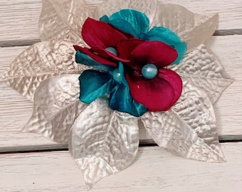 Purple Teal and Gold Deluxe Hair Flower Clip Extra Large