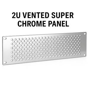 May include: A chrome panel with numerous small, evenly spaced circular perforations. The panel has rounded corners and mounting holes. The text "2U VENTED SUPER CHROME PANEL" is displayed in bold, black letters at the top.