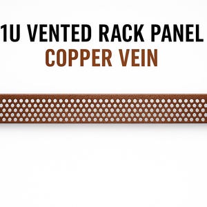 May include: A copper-colored 1U vented rack panel with numerous small, evenly spaced holes for ventilation. The text "1U VENTED RACK PANEL" is above "COPPER VEIN" in the image. The panel has mounting holes on each end.