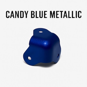 May include: A metallic blue corner brace with three holes.  CANDY BLUE METALLIC is written in black text at the top of the image.