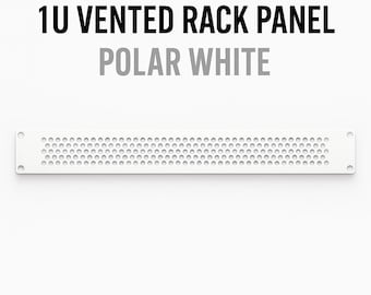 May include: A polar white 1U vented rack panel with numerous small circular ventilation holes. The panel has mounting holes on each end. The text "1U Vented Rack Panel" is above the panel, and "Polar White" is below.