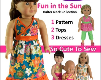 Diversión bajo el sol – Patrón de costura de muñeca PDF con cuello halter para muñecas de 15 a 18 pulgadas