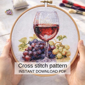 Patrón de punto de cruz de copa de vino tinto, diseño de bordado de uvas de viñedo (descarga en PDF)