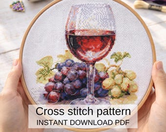 赤ワイングラスのクロスステッチパターン、ブドウ畑のブドウの刺繍デザイン（PDFダウンロード）