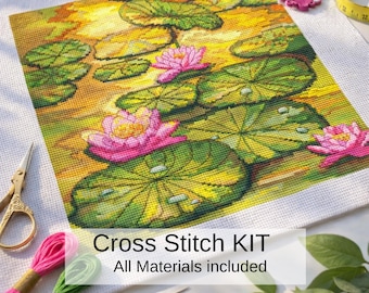 Water Lily Pond Cross Stitch Kit, Pink Lotus Embroidery, Monet Inspired Needlework