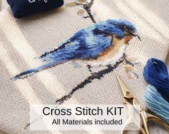 Borduurpakket Western Bluebird, handwerkset vogels, Nature Craft DIY, Aida Fabric Project