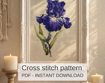 Purple Blue IRIS Plant Counted Cross Stitch Pattern